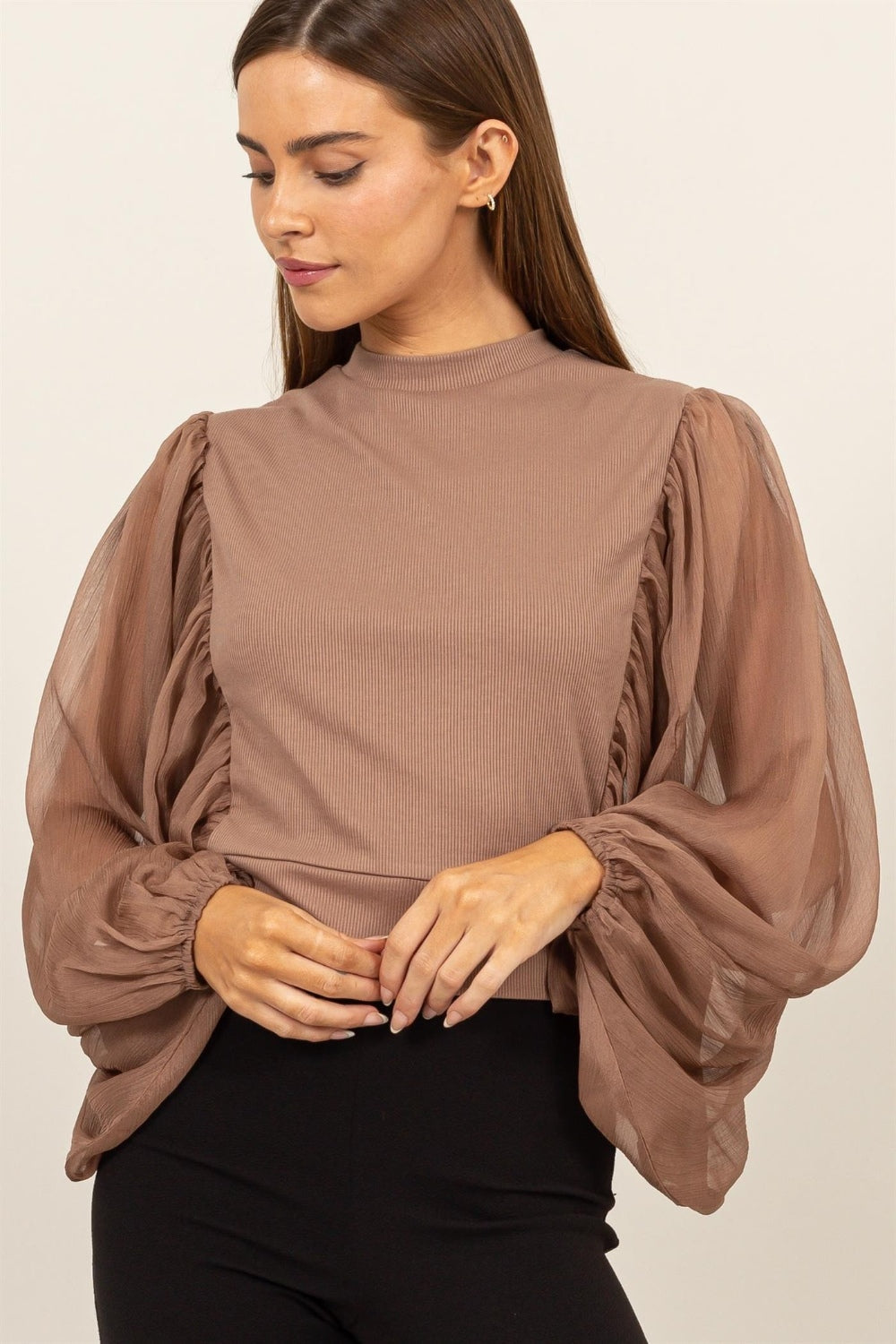 Ethereal Grace Ruched Mock Neck Blouse