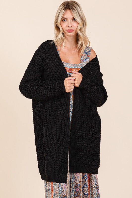 Chic Open Front Long Sleeve Longline Cardigan in Black