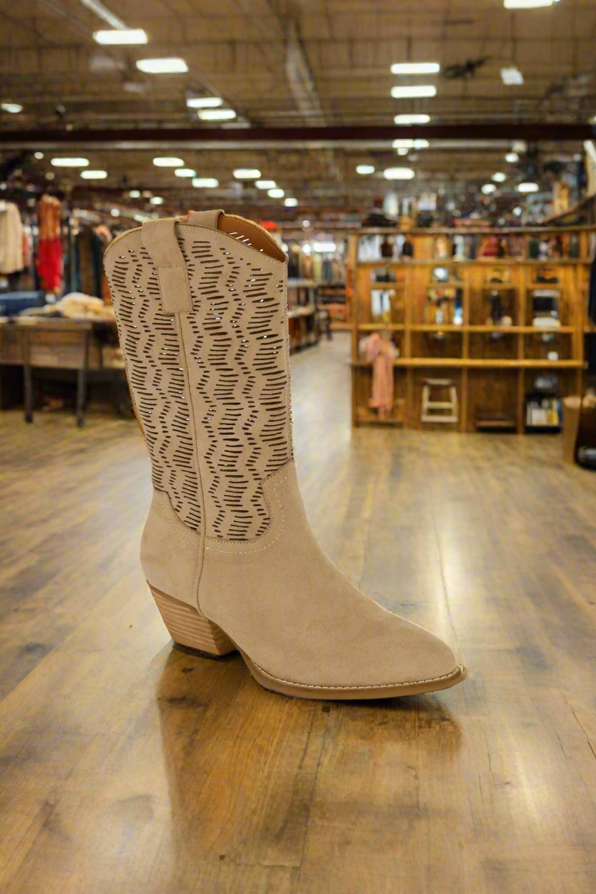 Sierra Sage Faux Suede Laser Cut Block Heel Boots
