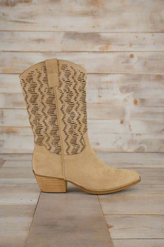 Sierra Sage Faux Suede Laser Cut Block Heel Boots