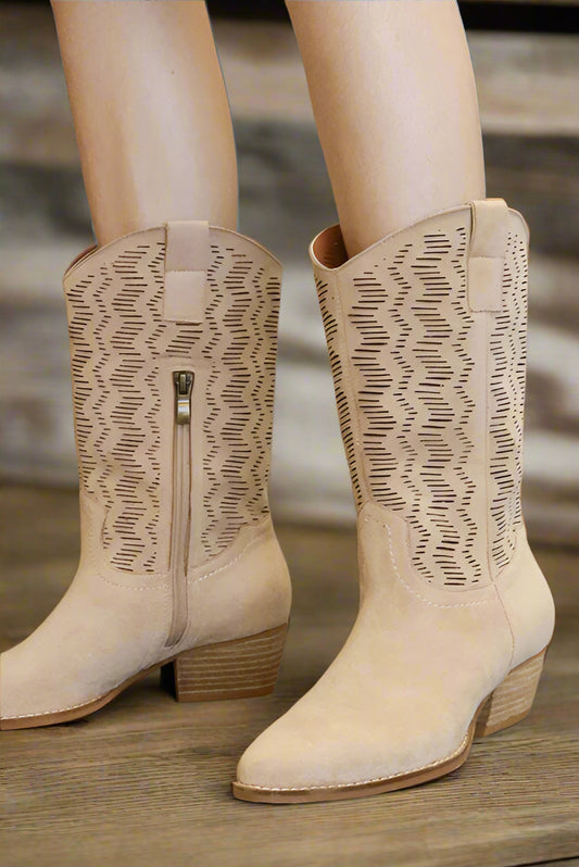 Sierra Sage Faux Suede Laser Cut Block Heel Boots